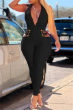 Rose Red Fashion Sexy Solid Hollowed Out Backless V Neck Skinny Jumpsuits