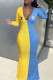 Yellow And Blue Fashion Street Print Patchwork V Neck One Step Skirt Dresses