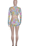 Colour Sexy Print Bandage Patchwork See-through V Neck Long Sleeve Three Pieces