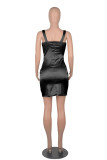 Black Sexy Solid Split Joint Fold Asymmetrical Spaghetti Strap One Step Skirt Dresses
