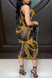 Black Yellow Sexy Print Bandage Patchwork See-through Swimwears(Three Pieces)