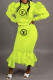 Fluorescent Green Fashion Street Print Letter Hooded Collar Long Sleeve Two Pieces