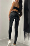 Black Sexy Casual Solid Backless Spaghetti Strap Sleeveless Two Pieces