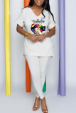 Shallow Yellow Fashion Casual Lips Printed Slit V Neck Short Sleeve Two Pieces