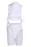White Sexy Solid Mesh O Neck Sleeveless Two Pieces