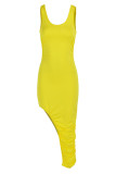 Yellow Sexy Solid Patchwork Fold Asymmetrical U Neck Vest Dress Dresses