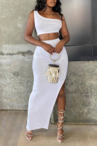 White Sexy Solid Split Joint Slit Oblique Collar Sleeveless Two Pieces