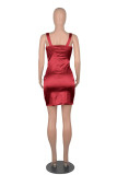 Red Sexy Solid Split Joint Fold Asymmetrical Spaghetti Strap One Step Skirt Dresses