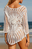 Apricot Sexy Solid Hollowed Out Patchwork Asymmetrical O Neck Tops