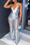 Silver Sexy Solid Hollowed Out Patchwork Spaghetti Strap Sleeveless Two Pieces