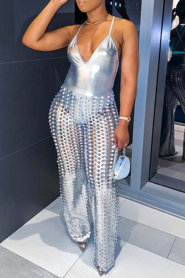 Silver Sexy Solid Hollowed Out Patchwork Spaghetti Strap Sleeveless Two Pieces