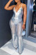 Silver Sexy Solid Hollowed Out Patchwork Spaghetti Strap Sleeveless Two Pieces