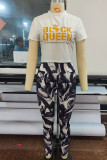 White Casual Print Patchwork O Neck Short Sleeve Two Pieces
