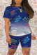 Blue Fashion Casual Print Basic O Neck Short Sleeve Two Pieces