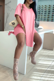 Pink Casual Solid High Opening O Neck Short Sleeve Two Pieces