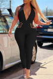 Rose Red Fashion Sexy Solid Hollowed Out Backless V Neck Skinny Jumpsuits