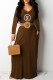 Brown Fashion Casual Print Letter V Neck Straight Dresses
