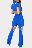 Blue Fashion Casual Letter Print Hollowed Out Asymmetrical Half A Turtleneck Short Sleeve Two Pieces