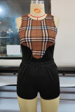 Black Fashion Casual Plaid Print O Neck Sleeveless Two Pieces