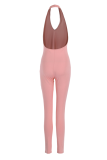 Color Blue Sexy Solid Backless Halter Skinny Jumpsuits