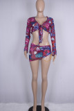 Colour Sexy Print Bandage Patchwork See-through V Neck Long Sleeve Three Pieces