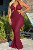 Green Fashion Sexy Solid Patchwork Backless Halter Sleeveless Dress