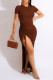 Coffee Sexy Solid Patchwork Slit Fold O Neck Straight Dresses