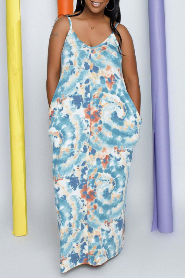 Light Blue Sexy Casual Print Backless Spaghetti Strap Long Dress