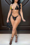 Black Yellow Sexy Print Bandage Patchwork See-through Swimwears(Three Pieces)