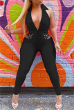 Rose Red Fashion Sexy Solid Hollowed Out Backless V Neck Skinny Jumpsuits