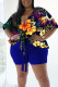 Blue Casual Print Bandage Patchwork V Neck Plus Size Two Pieces