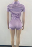 Purple Casual Solid Patchwork Buckle Turndown Collar Short Sleeve Two Pieces