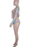 Colour Sexy Print Bandage Patchwork See-through V Neck Long Sleeve Three Pieces