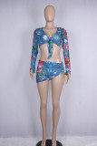 Colour Sexy Print Bandage Patchwork See-through V Neck Long Sleeve Three Pieces