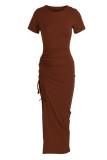 Coffee Sexy Solid Patchwork Slit Fold O Neck Straight Dresses