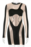 Apricot Fashion Sexy Patchwork See-through O Neck Long Sleeve Dresses