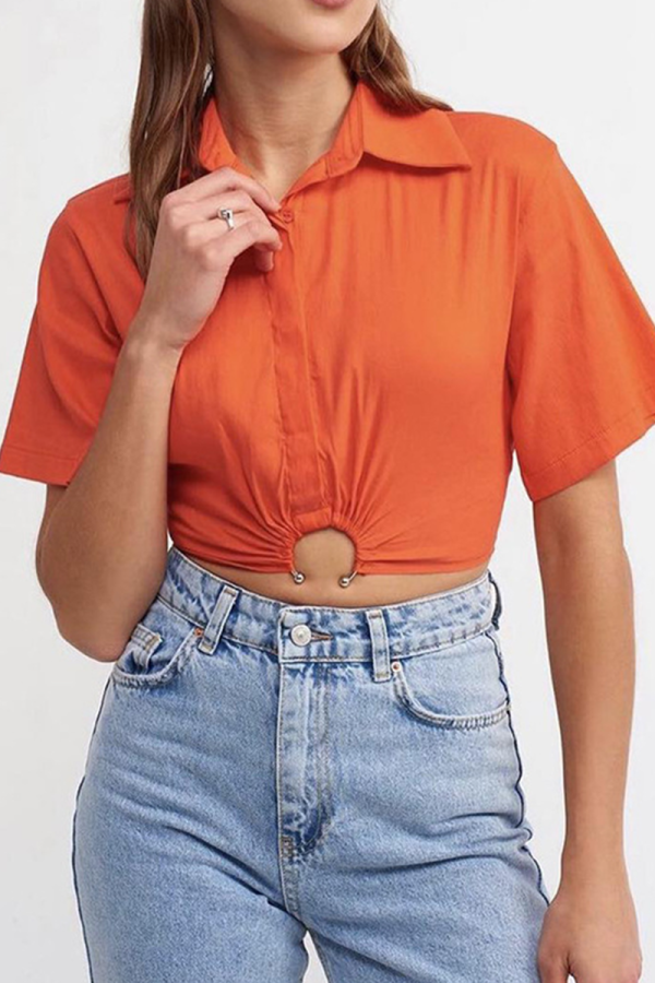 Tangerine Red Casual Solid Patchwork Turndown Collar Tops