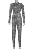 Silver Fashion Sexy Print Backless Zipper Collar Skinny Jumpsuits