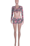 Colour Sexy Print Bandage Patchwork See-through V Neck Long Sleeve Three Pieces