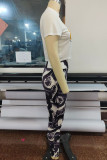 White Casual Print Patchwork O Neck Short Sleeve Two Pieces