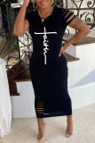 Pink Casual Print Burn-out O Neck One Step Skirt Dresses