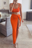 Tangerine Red Sexy Solid Slit Square Collar Sleeveless Two Pieces