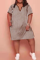 Dark Brown Fashion Casual Plus Size Striped Print Split Joint V Neck Short Sleeve Dress