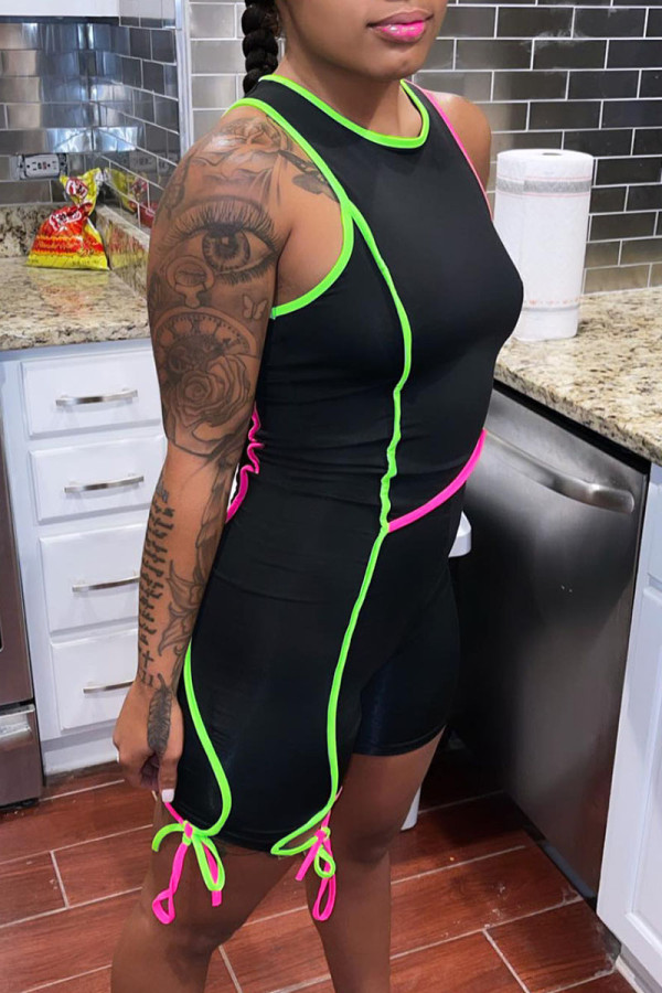 Black Casual Sportswear Solid Patchwork O Neck Regular Rompers