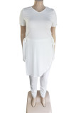 White Fashion Casual Solid Bandage Slit Asymmetrical O Neck Plus Size Two Pieces