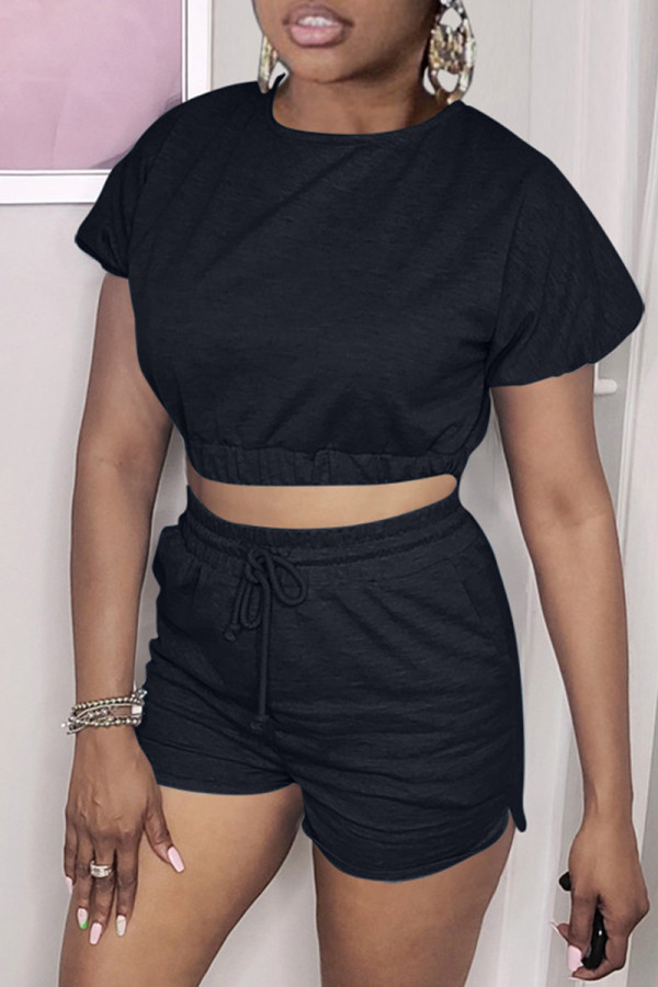 Black Fashion Casual Solid Bandage Backless O Neck Short Sleeve Two Pieces