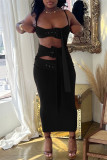 Brown Fashion Sexy Solid Hollowed Out Patchwork Backless Spaghetti Strap Sleeveless Two Pieces