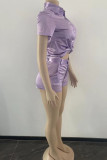 Purple Casual Solid Patchwork Buckle Turndown Collar Short Sleeve Two Pieces