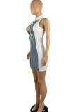 Blue White Sexy Solid Bandage Hollowed Out Patchwork Half A Turtleneck One Step Skirt Dresses