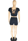 Grey Fashion Casual Solid Bandage Backless O Neck Short Sleeve Two Pieces